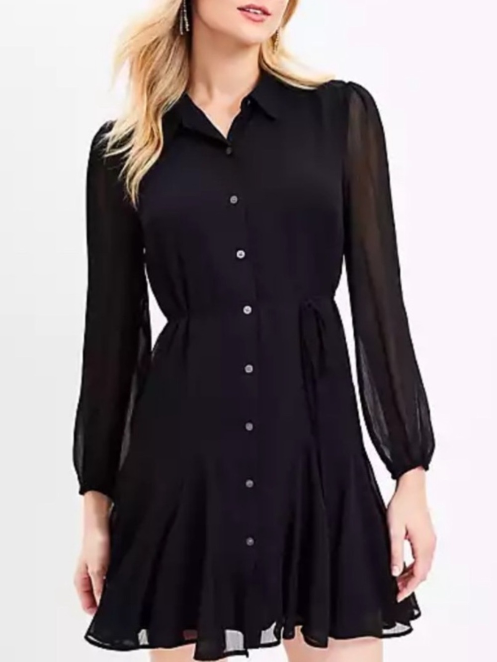 LOFT Black Long Sleeve Chiffon Shirt Dress Size Large Petite
